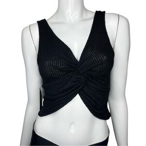 Etiquette Sleeveless V-Neck Semi Sheer Black Knit Crop Top